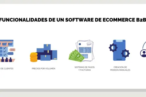 Funcionalidades de software ecommerce B2B: gestión de clientes, precios por volumen, sistemas de pagos, creación de pedidos y recargo de equivalencia.