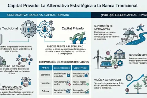 Infografía compara banca tradicional y capital privado. Busco inversores privados para proyectos con visión a largo plazo y valor estratégico.