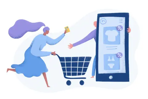 Ilustración de cómo funciona una tienda online: una mujer con un carrito de compras y una tarjeta, frente a una pantalla de móvil con productos.