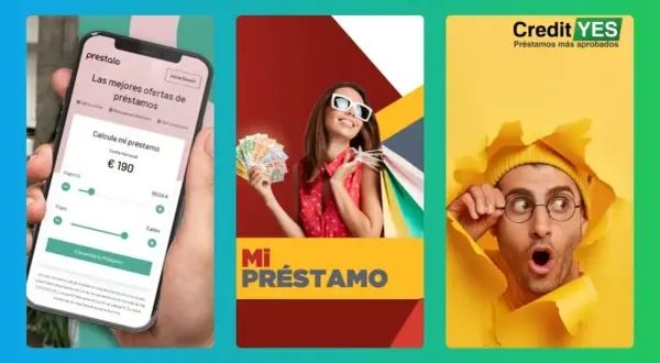 Calculadora de préstamos en móvil, mujer feliz con dinero y bolsas, y hombre sorprendido. ¡Tus younited opiniones importan para encontrar el mejor préstamo!