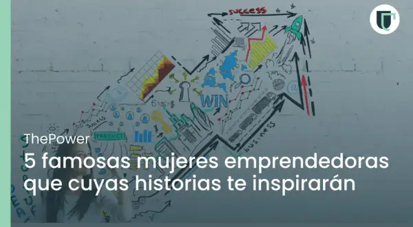 Mujeres emprendedoras famosas que inspiran. Un gráfico de flecha ascendente con dibujos de éxito, negocios y un cohete.