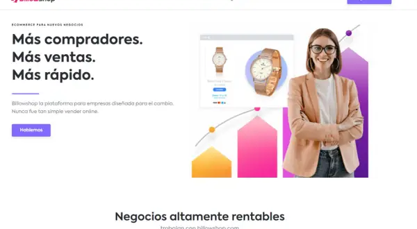 Plataforma para aprender como hacer una tienda online. Muestra un reloj, una mujer sonriendo y gráficos de crecimiento.