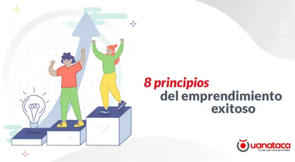 Dos personas celebran el éxito en su camino de emprendedor exitoso, con una bombilla de idea y una flecha ascendente.