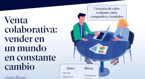 Ilustración de dos personas colaborando en una mesa con un portátil y gráficos, representando la venta colaborativa.