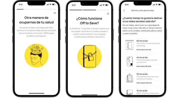Tres pantallas de móvil que muestran la app BBVA y su función "Off to Save" para reducir el uso de redes sociales.