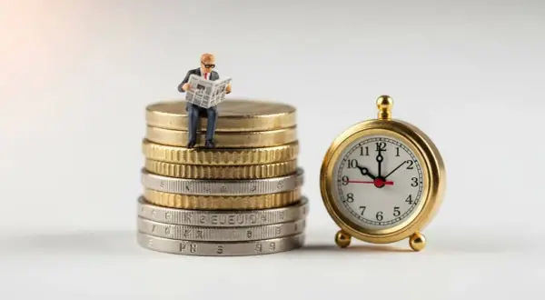Hombrecito sentado en monedas lee periódico junto a un reloj. Una metáfora visual para invertir sin dinero, donde el tiempo es tu mayor activo.