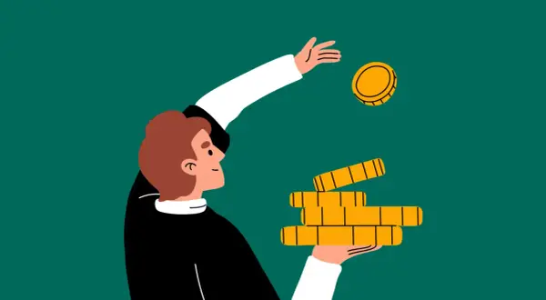 Persona con una pila de monedas en la mano, lanzando una moneda al aire. Representa la inversión y las split acciones.