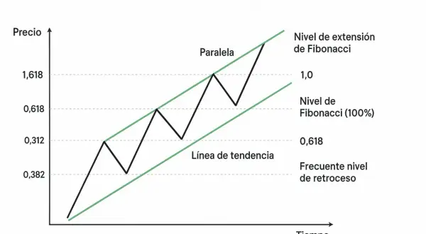 Gráfico de precios con una línea de tendencia alcista, niveles de Fibonacci y una paralela.