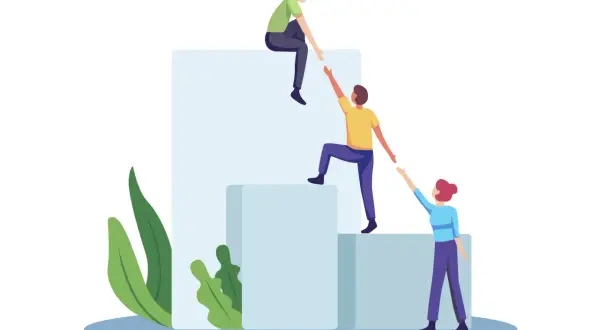 Personas colaborando para subir escalones, una metáfora visual de cómo escalar un negocio con apoyo mutuo.