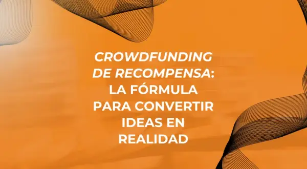 Crowdfunding de recompensa: la fórmula para convertir ideas en realidad. Ondas abstractas sobre fondo naranja.