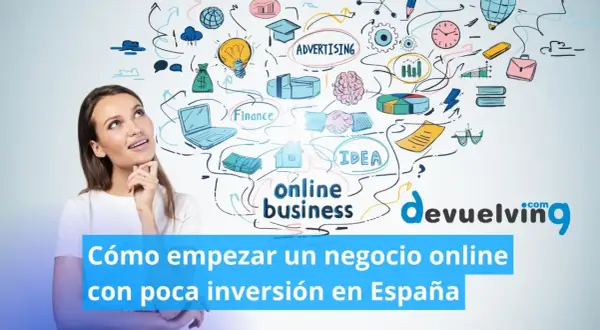 Mujer pensando en cómo montar empresa online. Ideas de negocio, finanzas y publicidad ilustradas.