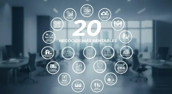 Diagrama de 20 negocios más rentables, incluyendo finanzas, tecnología, inmobiliaria y energías renovables, para inspirar negocios millonarios.