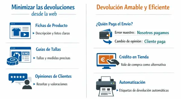 Infografía sobre cómo minimizar devoluciones: fichas de producto, guías de tallas, opiniones de clientes, quién paga el envío, crédito en tienda y automatización. El stock de productos se gestiona eficientemente.
