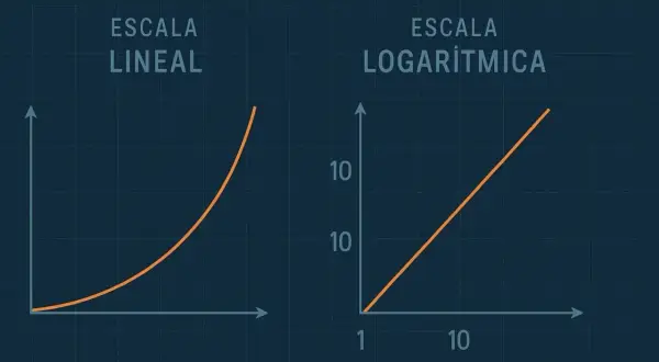 Gráfico comparativo: escala lineal con curva exponencial y gráfico logarítmico con línea recta.