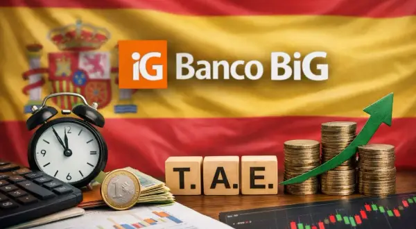 Monedas y gráfico de crecimiento con el logo de iG Banco BiG y la bandera de España. Opiniones sobre el banco.