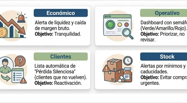 Diagrama de gestión de inventarios: económico, operativo, clientes y stock. Alertas de liquidez, dashboard, clientes inactivos y stock bajo.
