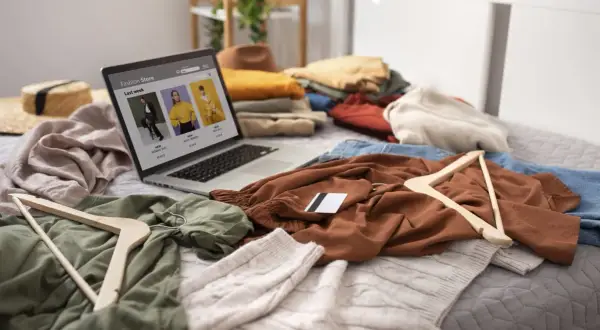 Un portátil muestra una tienda de moda online rodeado de ropa y perchas, ideal para vender ropa desde casa.