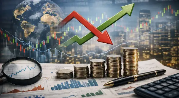 Gráficos financieros, monedas y un globo terráqueo simbolizan las bolsas mundiales y la inversión global.