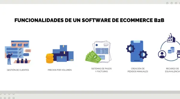 Funcionalidades de software ecommerce B2B: gestión de clientes, precios por volumen, sistemas de pagos, creación de pedidos y recargo de equivalencia.