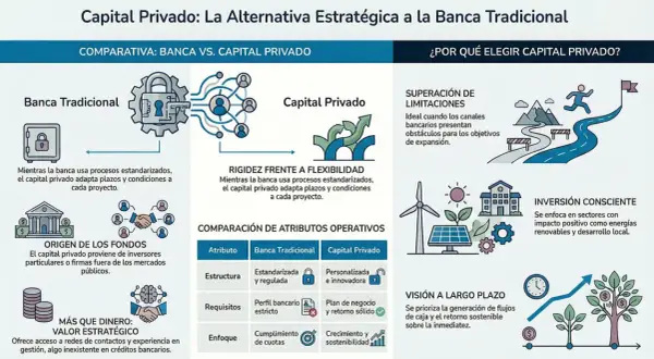 Infografía compara banca tradicional y capital privado. Busco inversores privados para proyectos con visión a largo plazo y valor estratégico.