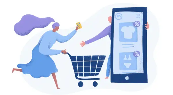 Ilustración de cómo funciona una tienda online: una mujer con un carrito de compras y una tarjeta, frente a una pantalla de móvil con productos.