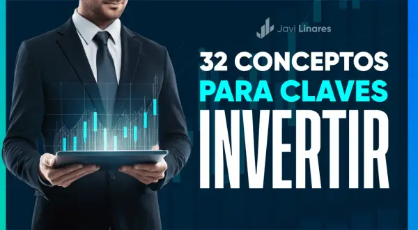 Hombre de negocios con tablet que muestra gráficos. Título: "32 conceptos clave para invertir". Aprende cómo conseguir inversores.