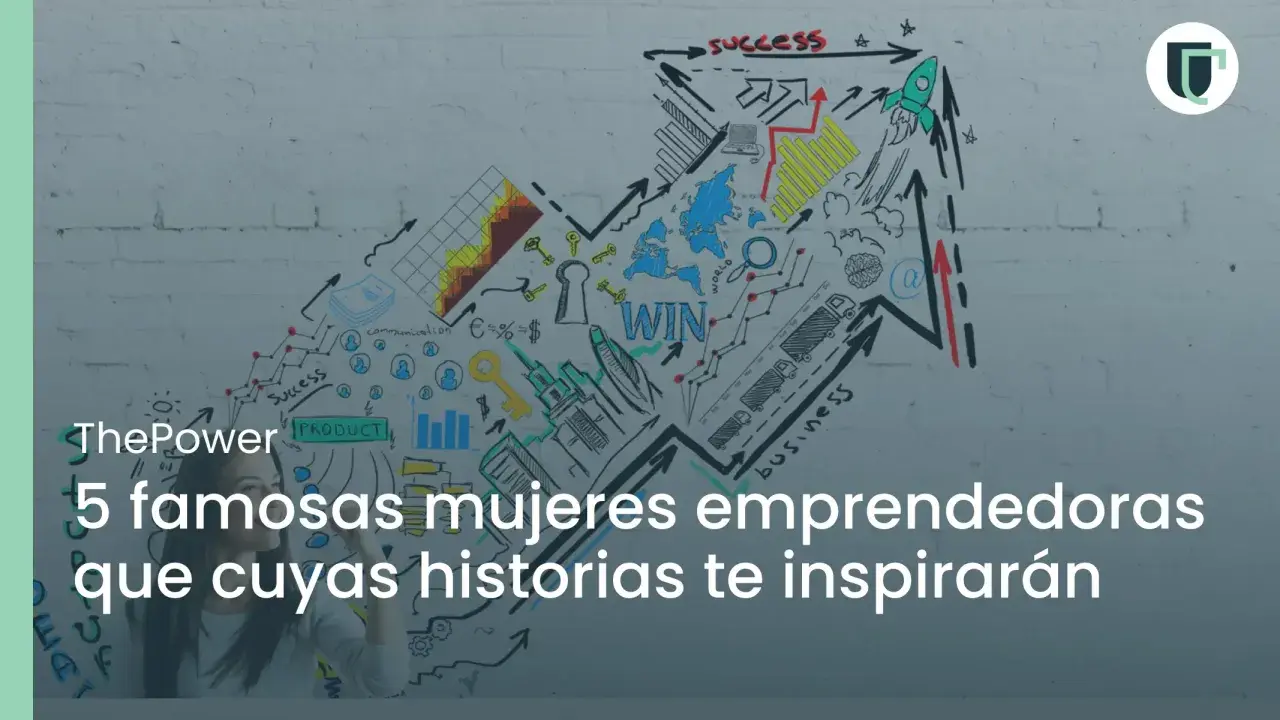 Mujeres emprendedoras famosas que inspiran. Un gráfico de flecha ascendente con dibujos de éxito, negocios y un cohete.