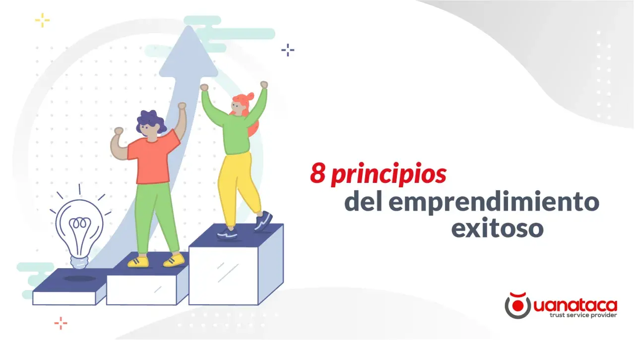 Dos personas celebran el éxito en su camino de emprendedor exitoso, con una bombilla de idea y una flecha ascendente.