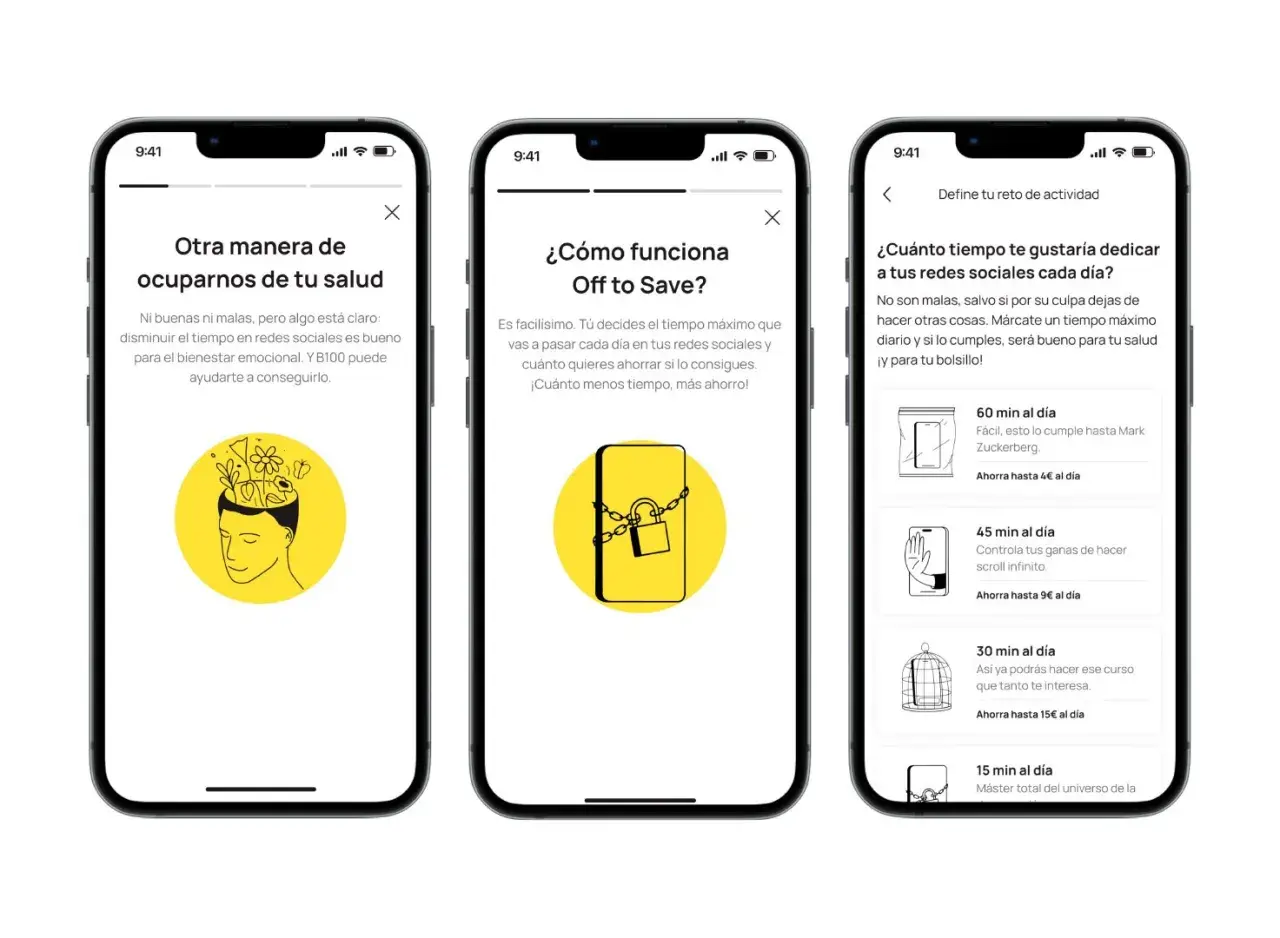 Tres pantallas de móvil que muestran la app BBVA y su función "Off to Save" para reducir el uso de redes sociales.