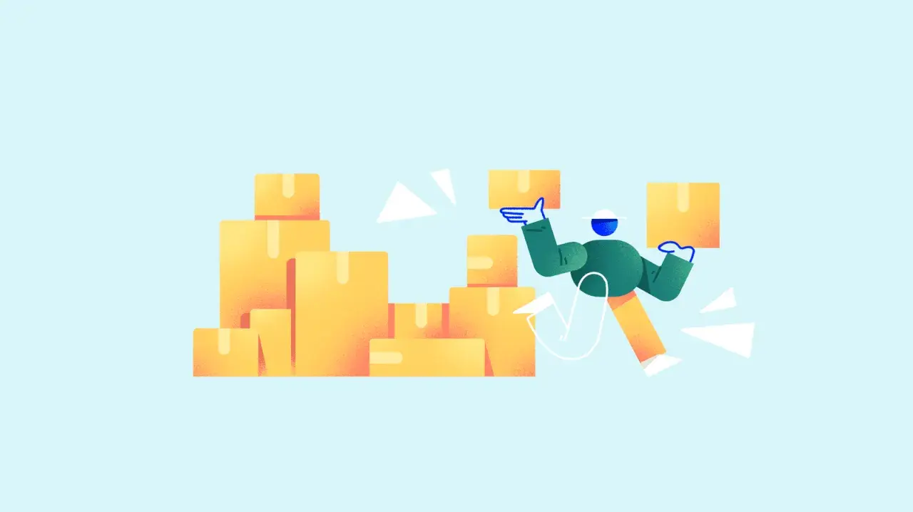 Figura animada organiza cajas amarillas, optimizando el control de inventarios.
