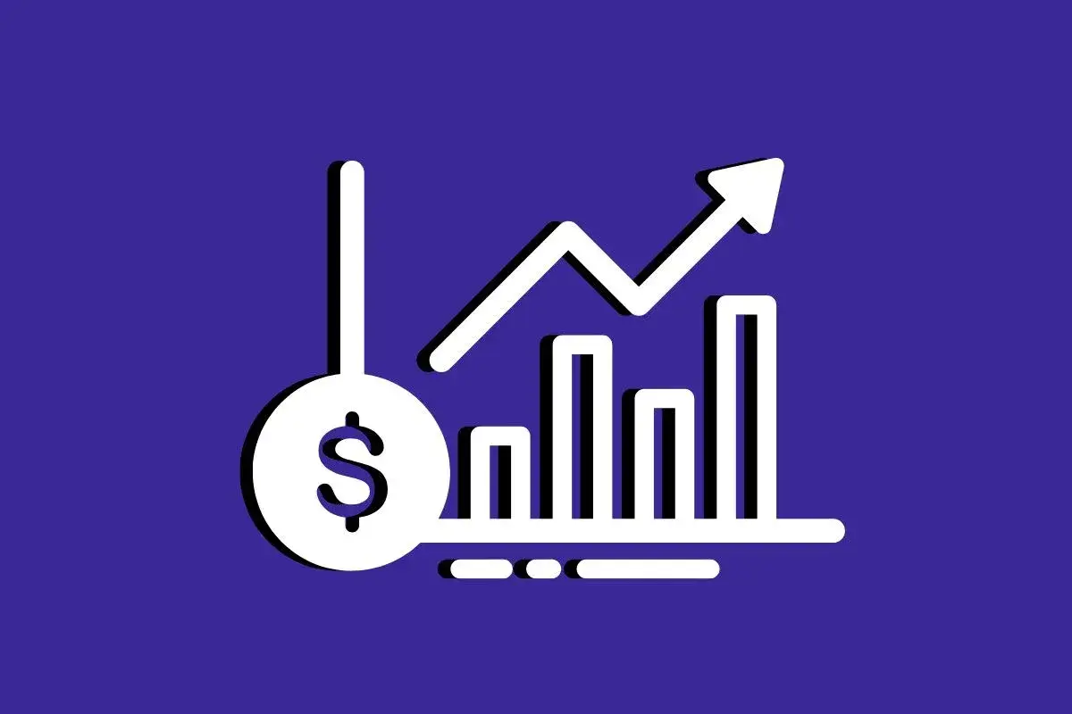 Gráfico de barras ascendente con símbolo de dólar, indicando el camino hacia negocios exitosos y crecimiento financiero.