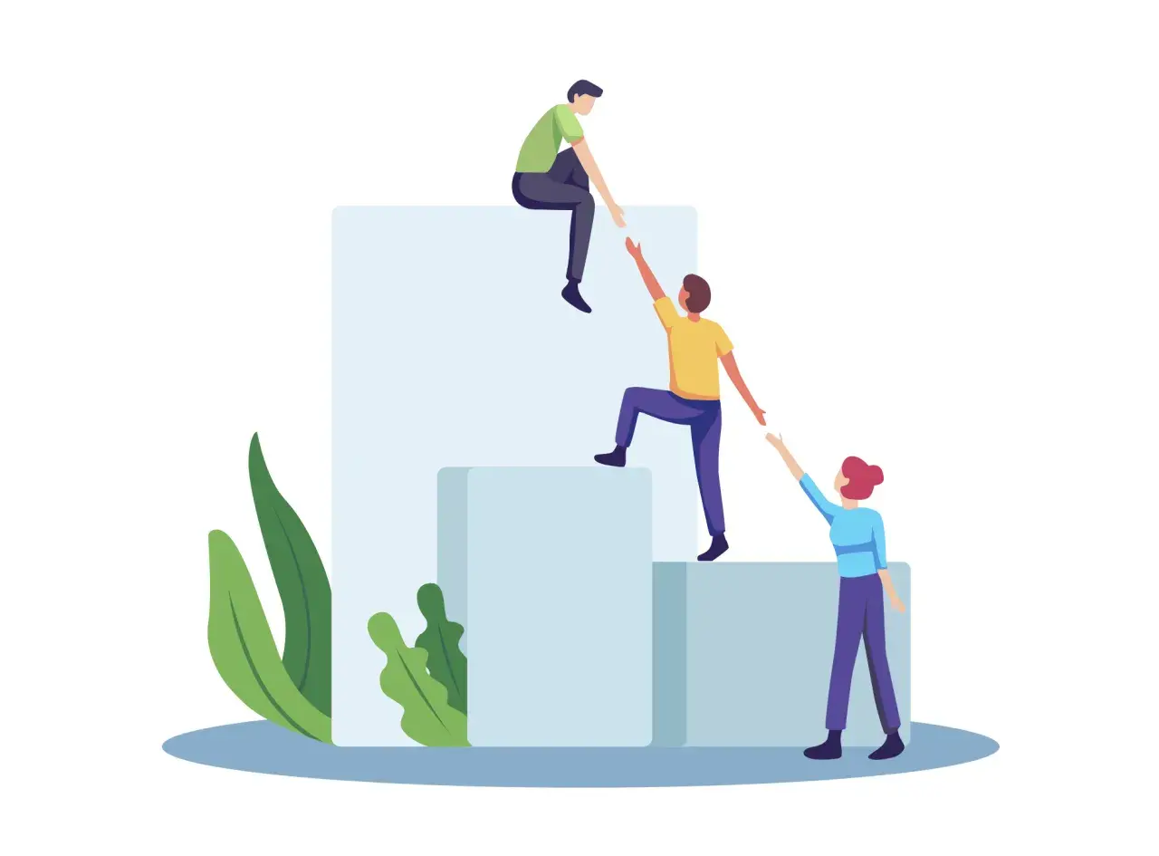 Personas colaborando para subir escalones, una metáfora visual de cómo escalar un negocio con apoyo mutuo.