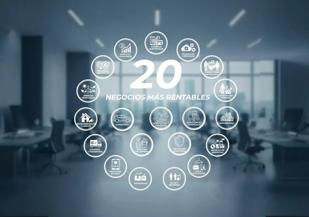 Diagrama de 20 negocios más rentables, incluyendo finanzas, tecnología, inmobiliaria y energías renovables, para inspirar negocios millonarios.