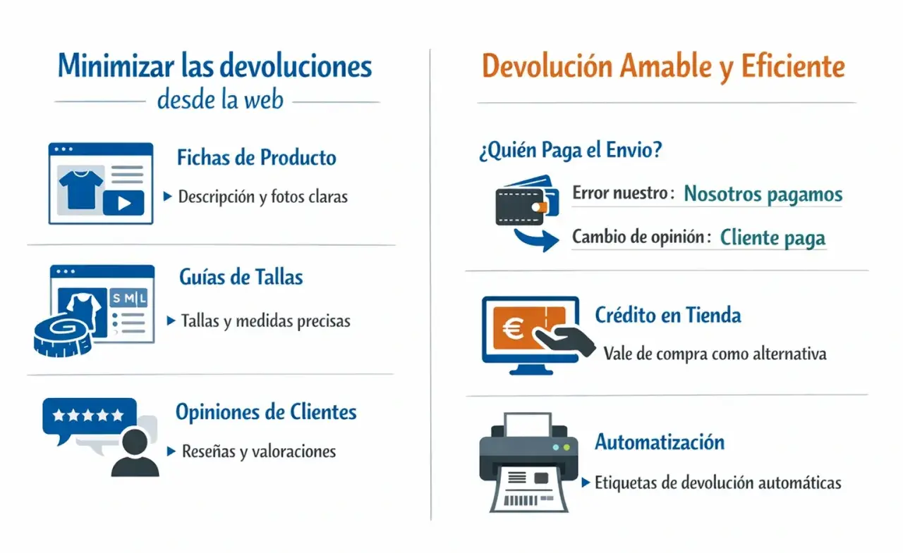 Infografía sobre cómo minimizar devoluciones: fichas de producto, guías de tallas, opiniones de clientes, quién paga el envío, crédito en tienda y automatización. El stock de productos se gestiona eficientemente.