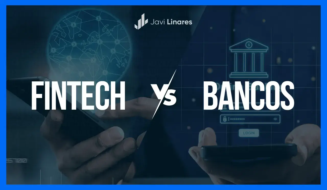 Fintech vs. Bancos: una comparativa visual. La imagen muestra un mundo digitalizado con Bitcoin y un banco tradicional, representando la evolución de los servicios financieros.