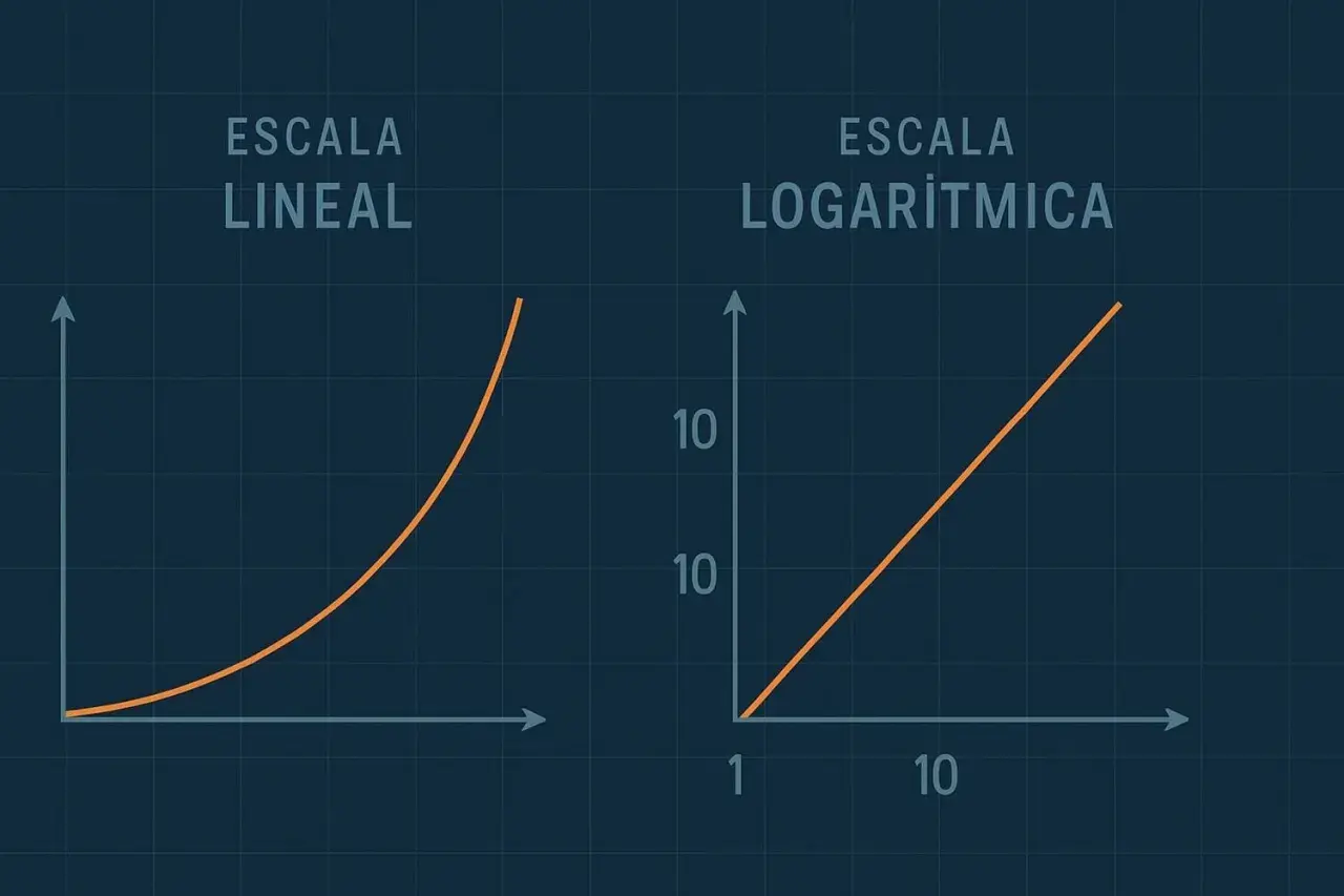 Gráfico comparativo: escala lineal con curva exponencial y gráfico logarítmico con línea recta.