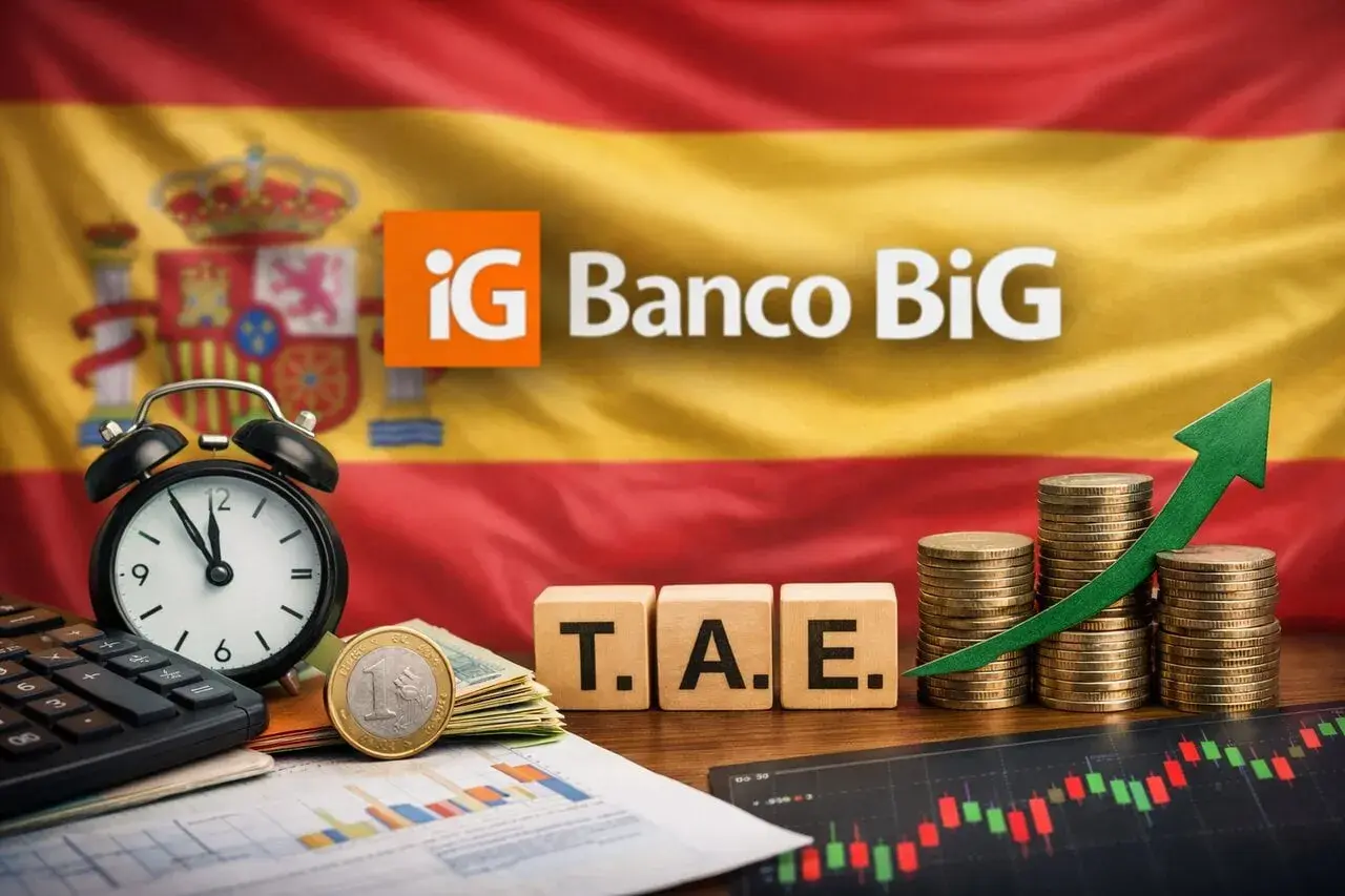 Monedas y gráfico de crecimiento con el logo de iG Banco BiG y la bandera de España. Opiniones sobre el banco.