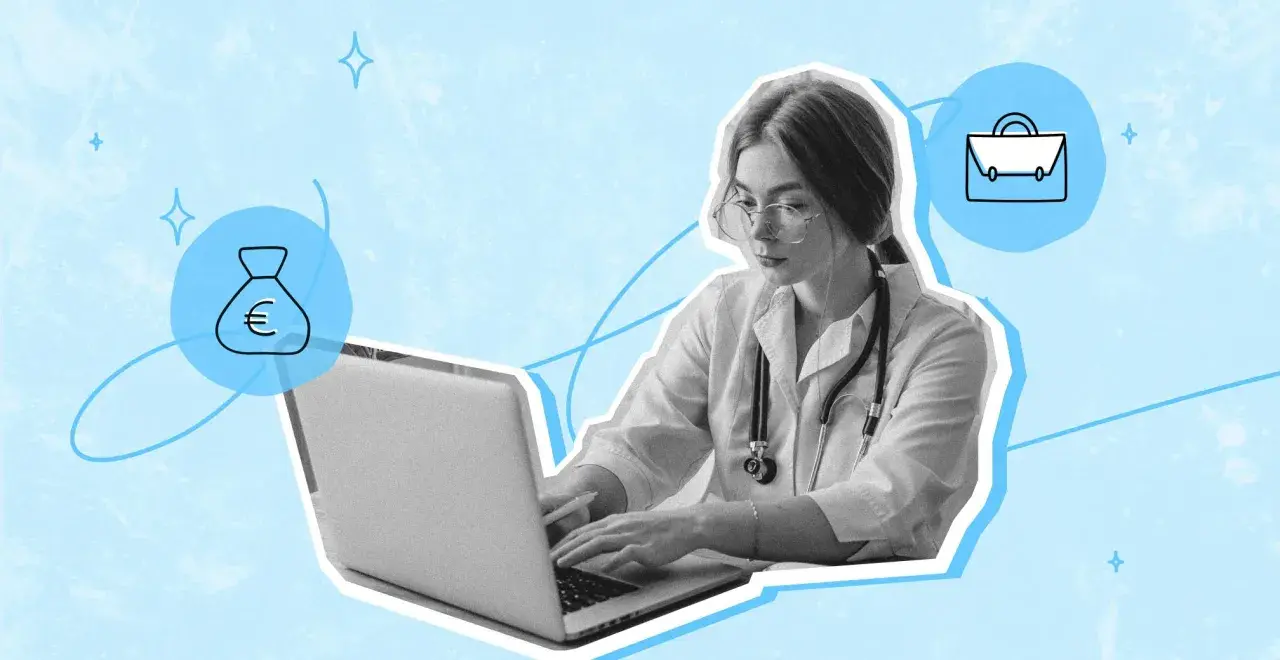 Médica joven en su laptop, buscando inversores privados para su proyecto. Símbolos de dinero y maletín flotan a su alrededor.