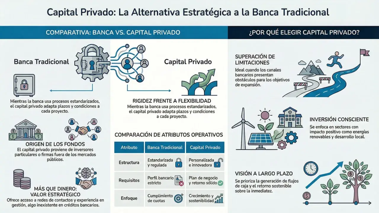 Infografía compara banca tradicional y capital privado. Busco inversores privados para proyectos con visión a largo plazo y valor estratégico.