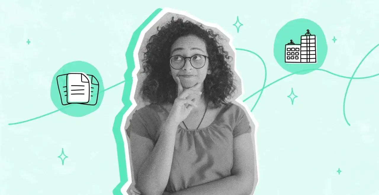 Joven pensando en c&oacute;mo montar empresa online, con iconos de documentos y edificios.