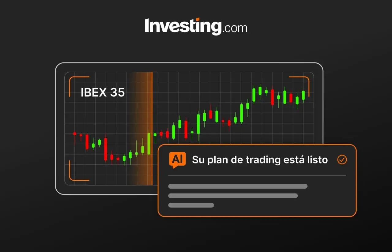 Gr&aacute;fico del IBEX 35 con velas rojas y verdes. Un cuadro de texto dice 