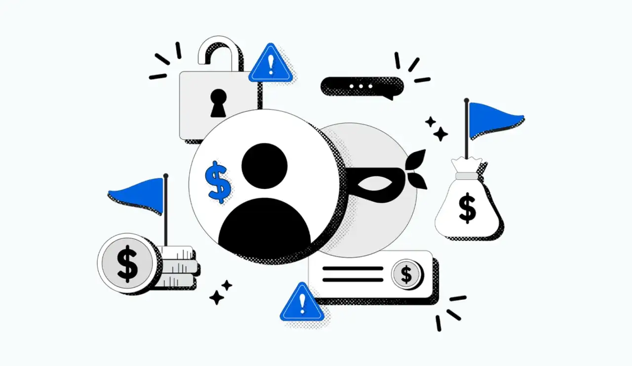 Ilustración de un ladrón enmascarado acechando a un perfil de usuario con un símbolo de dólar, rodeado de candados, banderas, bolsas de dinero y señales de advertencia. Peligros en el trading de opiniones.