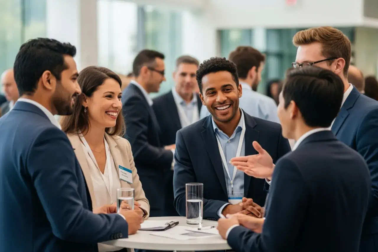 Un grupo de profesionales sonr&iacute;e y conversa animadamente en eventos emprendedores.