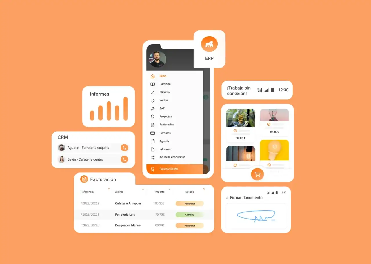Interfaz de ERP con m&oacute;dulos de informes, CRM, facturaci&oacute;n y un cat&aacute;logo de productos. Gestiona tu inventario online eficientemente.