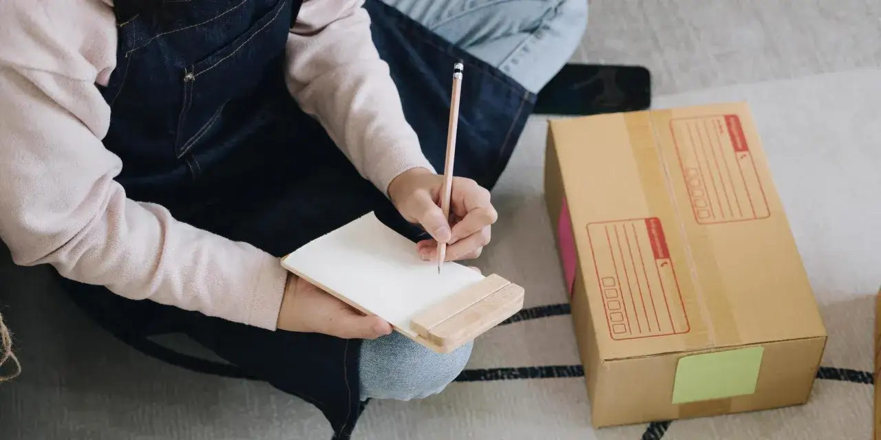 Persona planeando c&oacute;mo emprender sin dinero, con cajas de env&iacute;o y libreta en mano.