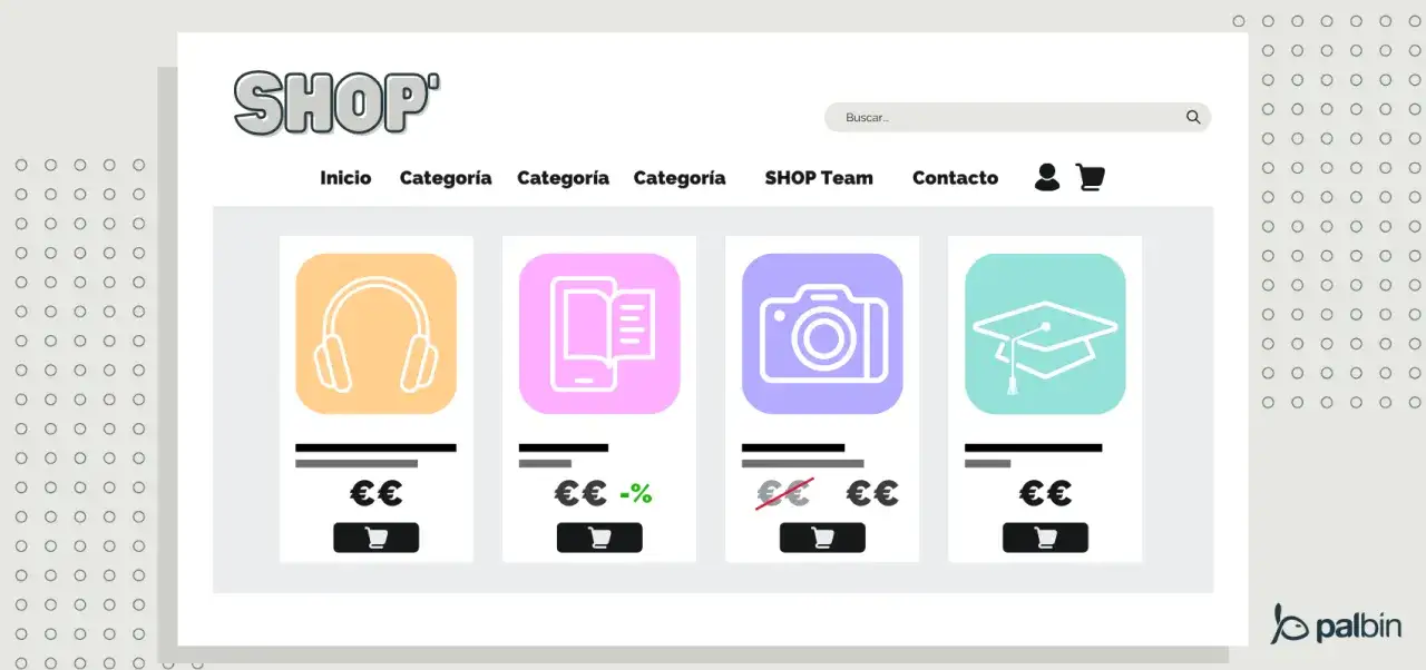 Interfaz de tienda online con iconos de auriculares, libro electr&oacute;nico, c&aacute;mara y birrete. Venta de productos digitales.