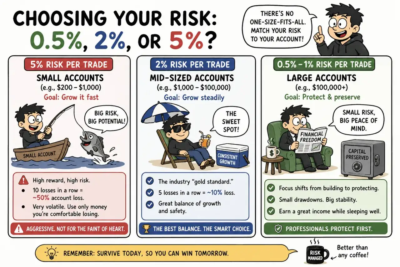 Ilustración compara riesgos de trading: 5% para cuentas pequeñas (pesca con gran potencial), 2% para medianas (relax con crecimiento constante) y 0.5%-1% para grandes (seguridad y paz mental). El master trading se adapta a tu cuenta.