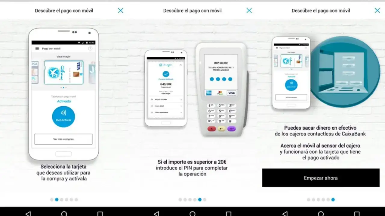Imaginbank opiniones: Pantallas muestran pago m&oacute;vil con Visa imagin, compra realizada y retiro de efectivo en cajeros contactless.