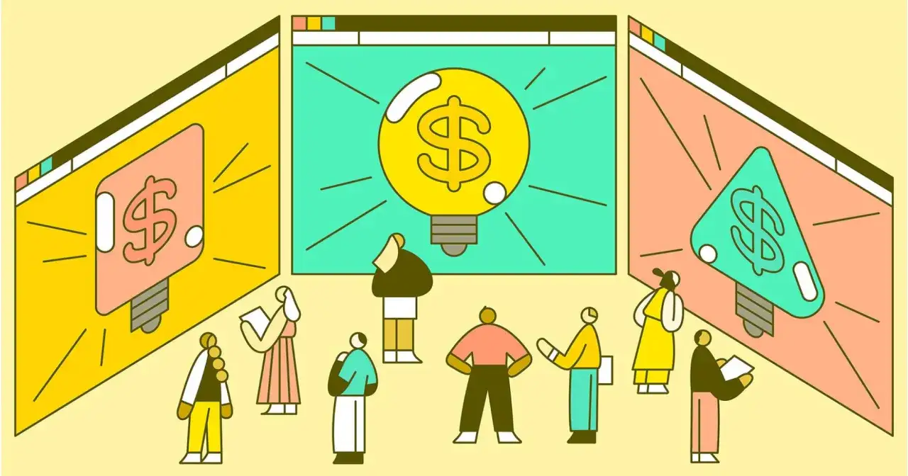 Personas observan ideas de proyectos con s&iacute;mbolos de d&oacute;lar en pantallas, representando el crowdfunding de recompensa.