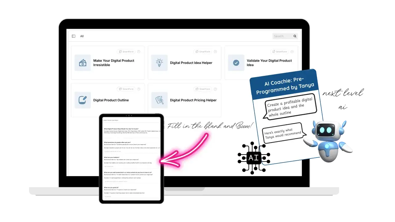 Herramienta de IA para crear ideas de productos digitales y esquemas, ideal para el dropshipping digital.